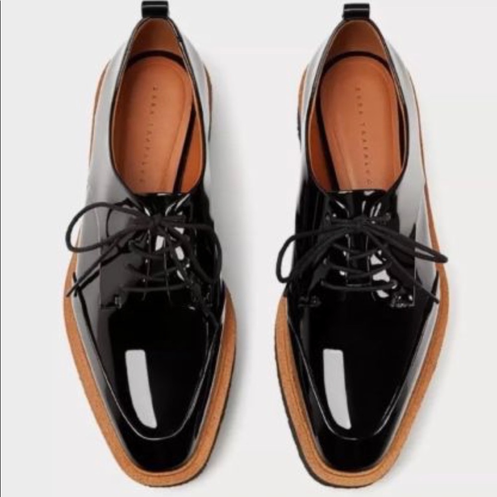 ZARA Black Platform Patent Loafers Moccasins 6 36